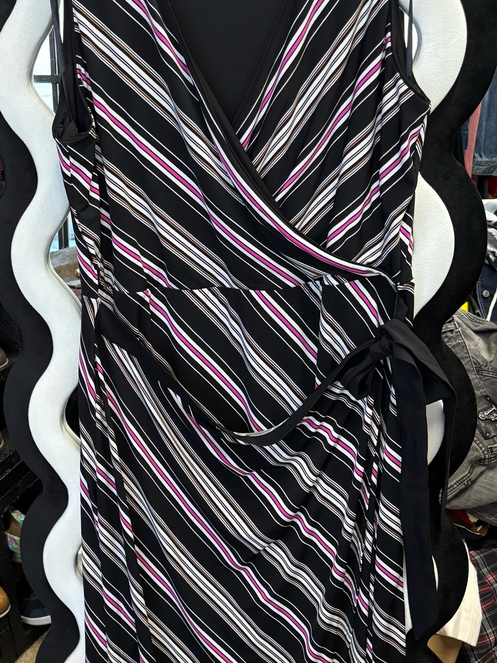 Sleeveless Black Stripe Wrap Dress with Pink & White Accents